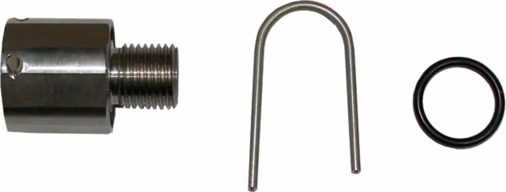 Metallisches Bauteil mit Gewinde, einem U-förmigen Stift und einem O-Ring, passend zu Wolf Produkten, vermutlich für eine Kondensatwanne oder einen Fühler.